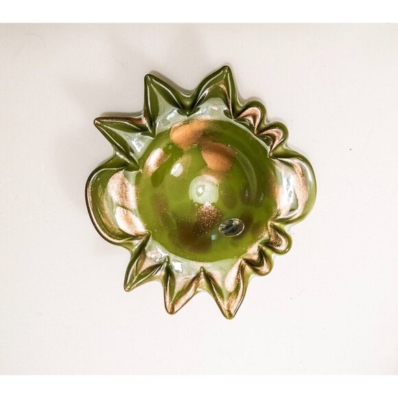 Creation Vimax Decorative Art Glass Bowl Italy, MCM, Green Gold Sparkle Dish - Picture 2 of 15